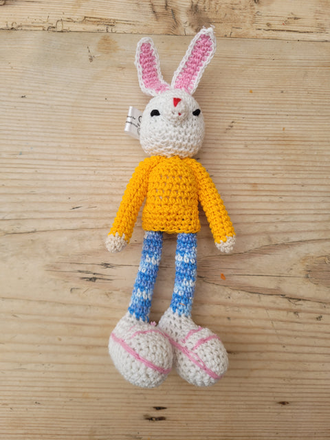 Adorable Long stripy legged,  Big eared, Huge boots, hand crochet Bunny. Best sellers